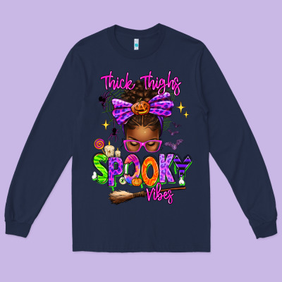 Thick Thighs Spooky Vibes Long Sleeve Tee Designed By Texasbilliewilder