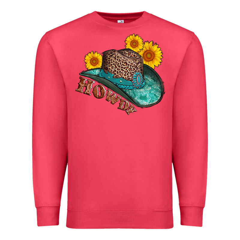 Howdy Leopard Tooled Leather Hat Premium Sweatshirt by AdoDesignShop | Teevron