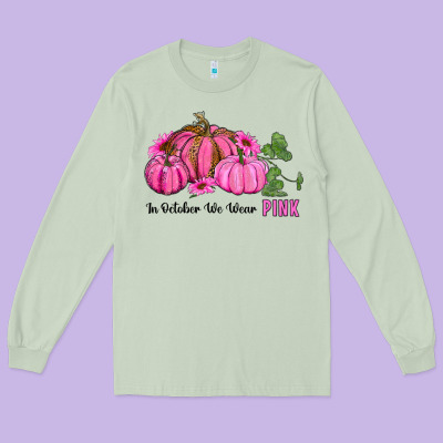 In October We Wear Pink Pumpkin And Sunflowers Long Sleeve Tee Designed By Ranaportraitstore