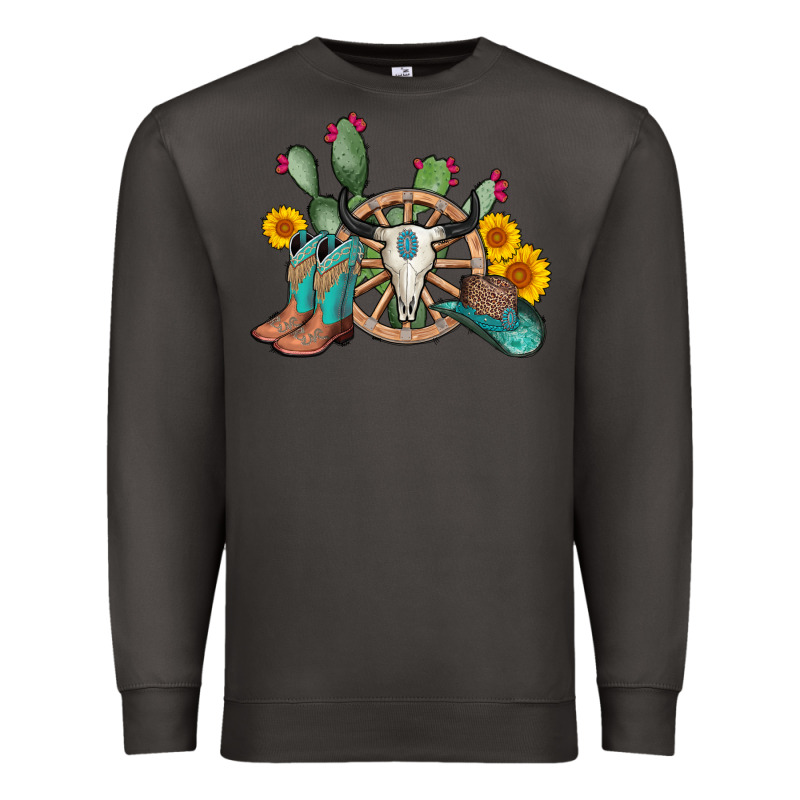 Wheel Bull Skull Western Cowboy Premium Sweatshirt by AdoDesignShop | Teevron