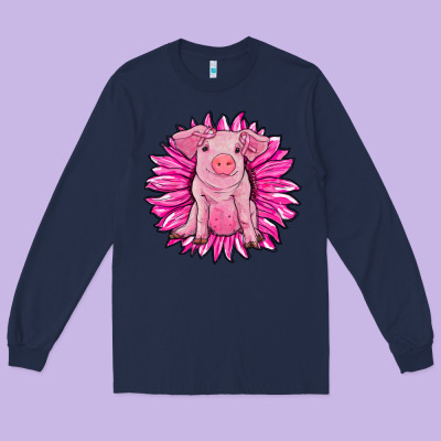 Pink Sunflower Pig Long Sleeve Tee Designed By Ranaportraitstore