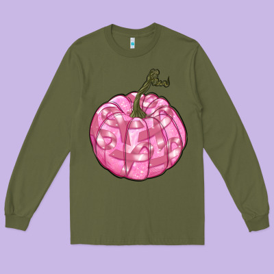 Pink Pumpkin With Breast Cancer Ribbons Long Sleeve Tee Designed By Ranaportraitstore