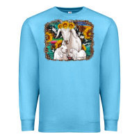 Ocean Blue goat family with sunflowers western serape turquoise background Premium Sweatshirt - Artiststas