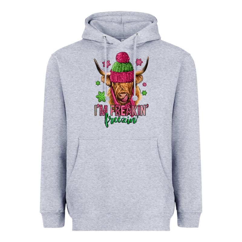I'm Freakin Freezin Pink Christmas Long Haired Cow Heavyweight Hoodie by Jasminsmagicworld | Teevron