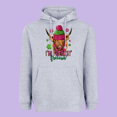 I'm Freakin Freezin Pink Christmas Long Haired Cow Heavyweight Hoodie Designed By Jasminsmagicworld