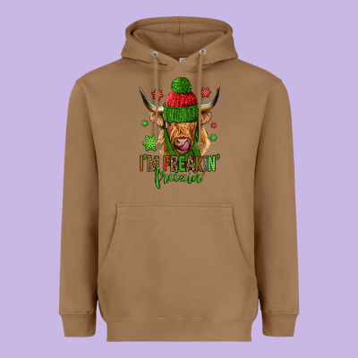 I'm Freakin Freezin Christmas Long Haired Cow Heavyweight Hoodie Designed By Jasminsmagicworld