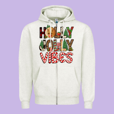 Holly Jolly Vibes Zipper Hoodie Designed By Fadigitalartstudio