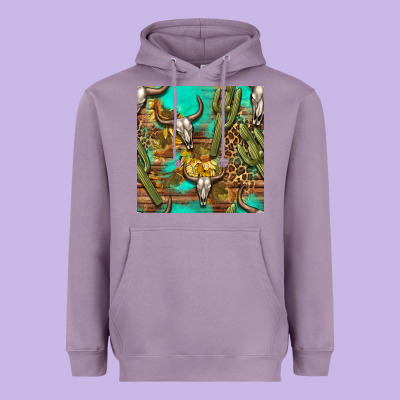 Western Bull Skull And Cactus Seamless Pattern Heavyweight Hoodie Designed By Bundleandbundleshop