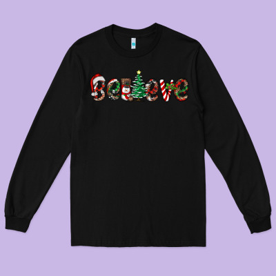 Christmas Believe Long Sleeve Tee Designed By Ranaportraitstore
