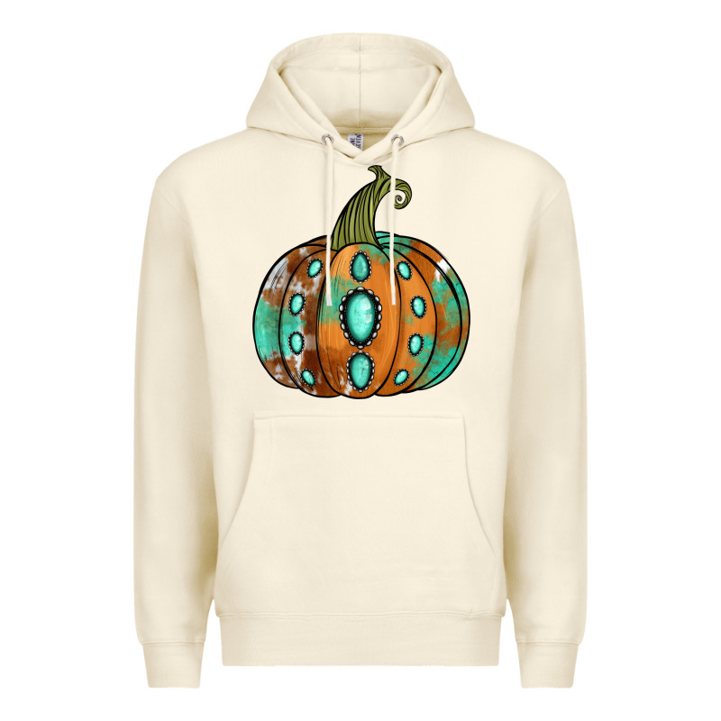 Western Cowhide Turquoise Pumpkin Premium Hoodie by NancyCooperArtShop | Teevron