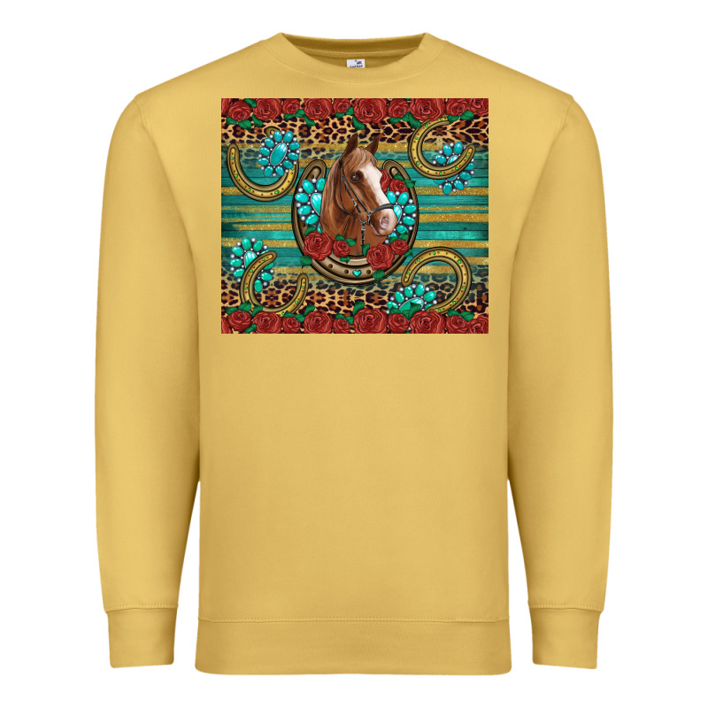 Western Horse Horseshoe Roses Gemstones Glitter Wooden Premium Sweatshirt by Artiststas | Teevron