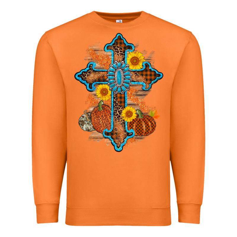 Thanksgiving Cross Pumpkin Sunflower Premium Sweatshirt by AdoDesignShop | Teevron