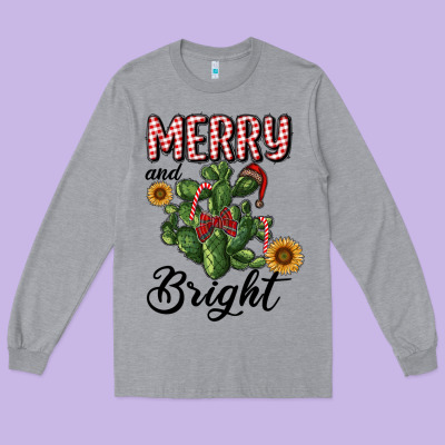 Merry And Bright With Cactus Long Sleeve Tee Designed By Ranaportraitstore