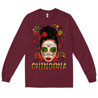 Burgundy Mexicana Skull Girl Messy Bun Long Sleeve Tee - texasbilliewilder