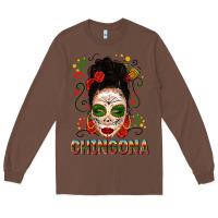 Chestnut Mexicana Skull Girl Messy Bun Long Sleeve Tee - texasbilliewilder
