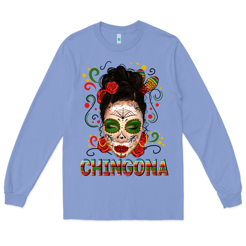 Mexicana Skull Girl Messy Bun Long Sleeve Tee by texasbilliewilder | Teevron