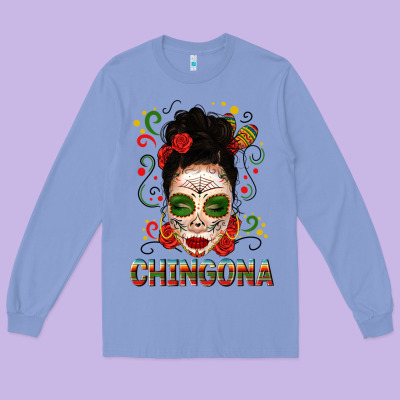 Mexicana Skull Girl Messy Bun Long Sleeve Tee Designed By Texasbilliewilder