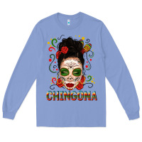 Colony Blue Mexicana Skull Girl Messy Bun Long Sleeve Tee - texasbilliewilder