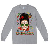 Heather Grey Mexicana Skull Girl Messy Bun Long Sleeve Tee - texasbilliewilder