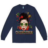 Navy Mexicana Skull Girl Messy Bun Long Sleeve Tee - texasbilliewilder