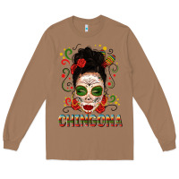 Toasted Coconut Mexicana Skull Girl Messy Bun Long Sleeve Tee - texasbilliewilder