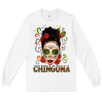 White Mexicana Skull Girl Messy Bun Long Sleeve Tee - texasbilliewilder