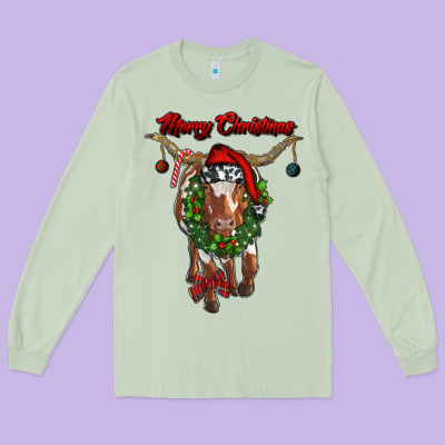 Merry Christmas Longhorn Cow Long Sleeve Tee Designed By Ranaportraitstore
