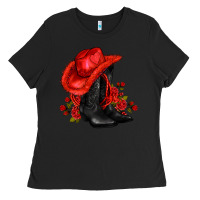 Black valentines day cowboy boots red  and roses Ladies Tee - AdoDesignShop