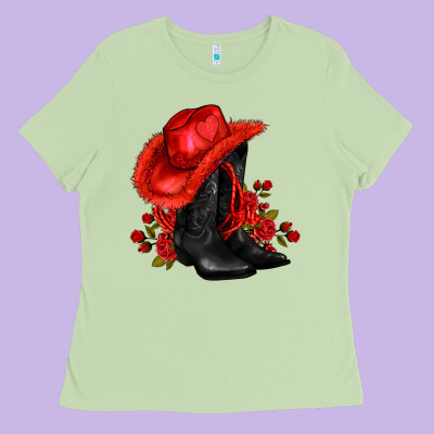 Valentines Day Cowboy Boots Red  And Roses Ladies Tee Designed By Adodesignshop