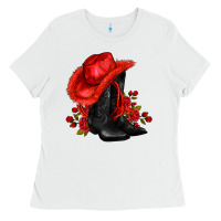 White valentines day cowboy boots red  and roses Ladies Tee - AdoDesignShop