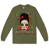 Army Green Mexicana Skull Girl Messy Bun Long Sleeve Tee - texasbilliewilder