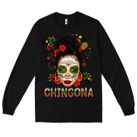 Black Mexicana Skull Girl Messy Bun Long Sleeve Tee - texasbilliewilder