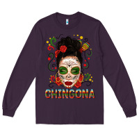 Plum Mexicana Skull Girl Messy Bun Long Sleeve Tee - texasbilliewilder