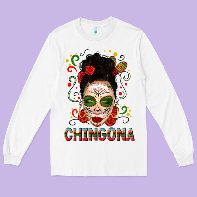 Mexicana Skull Girl Messy Bun Long Sleeve Tee Designed By Texasbilliewilder