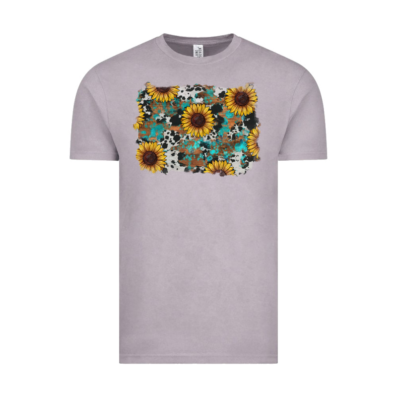 Western Sunflowers Turquoise Cowhide Background Vintage Tee by RanaPortraitStore | Teevron