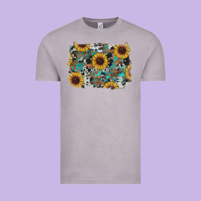 Vintage Tee western sunflowers turquoise cowhide background