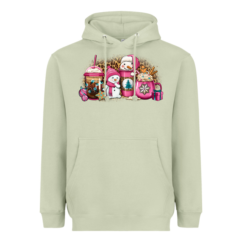Pink Christmas Winter Snowman Coffee Heavyweight Hoodie by Jasminsmagicworld | Teevron