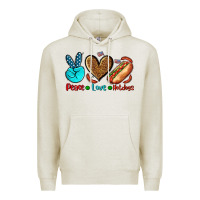Oatmeal Heather peace love hotdogs Premium Hoodie - AdoDesignShop