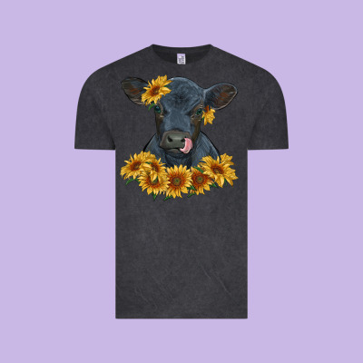 Vintage Tee black angus calf with sunflowers