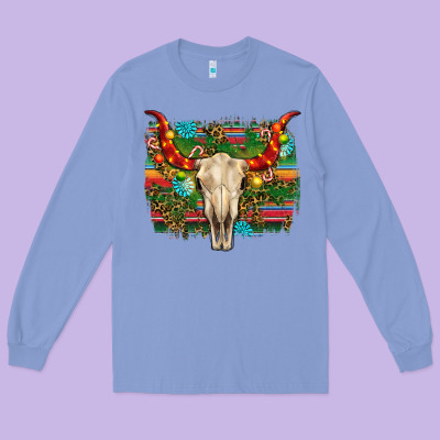 Western Christmas Bull Skull Long Sleeve Tee Designed By Ranaportraitstore