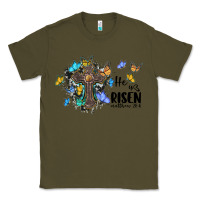Army Green he is risen matthew 28 6 cross with butterflies cowhide background Classic Tee - BarkalooDesign