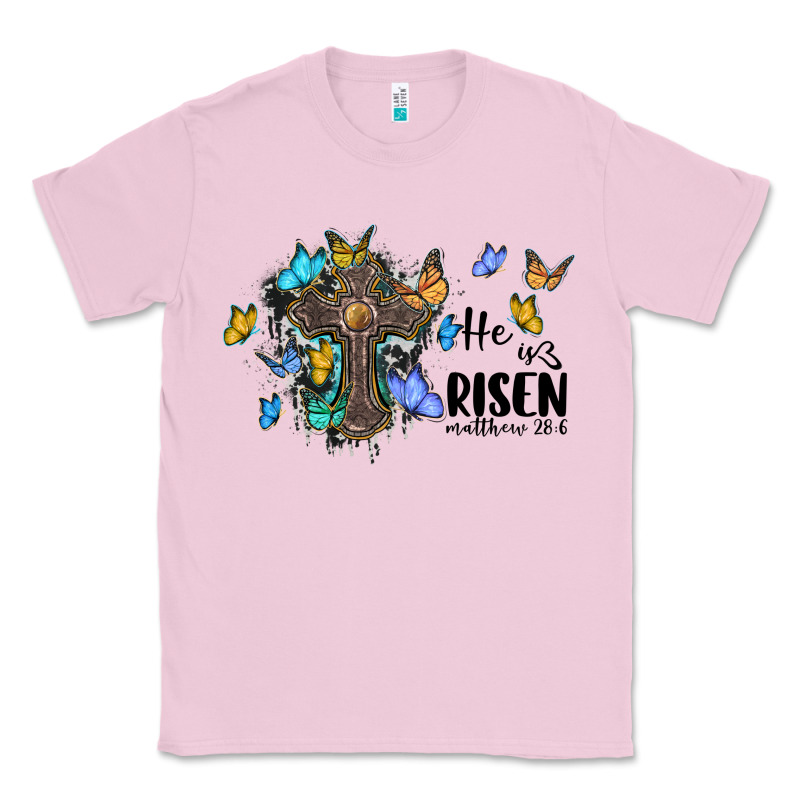 He Is Risen Matthew 28 6 Cross With Butterflies Cowhide Background Classic Tee by BarkalooDesign | Teevron