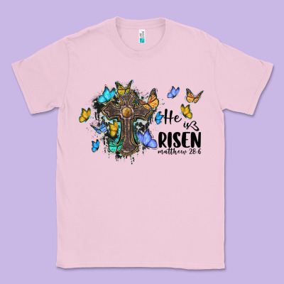 He Is Risen Matthew 28 6 Cross With Butterflies Cowhide Background Classic Tee Designed By Barkaloodesign