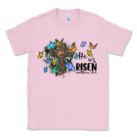 Bubblegum Pink he is risen matthew 28 6 cross with butterflies cowhide background Classic Tee - BarkalooDesign