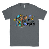 Charcoal Heather he is risen matthew 28 6 cross with butterflies cowhide background Classic Tee - BarkalooDesign