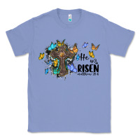 Colony Blue he is risen matthew 28 6 cross with butterflies cowhide background Classic Tee - BarkalooDesign