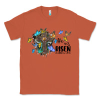 Copper he is risen matthew 28 6 cross with butterflies cowhide background Classic Tee - BarkalooDesign