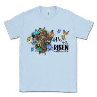 Dusty Blue he is risen matthew 28 6 cross with butterflies cowhide background Classic Tee - BarkalooDesign