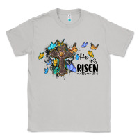 Moon Dust he is risen matthew 28 6 cross with butterflies cowhide background Classic Tee - BarkalooDesign