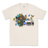 Natural he is risen matthew 28 6 cross with butterflies cowhide background Classic Tee - BarkalooDesign